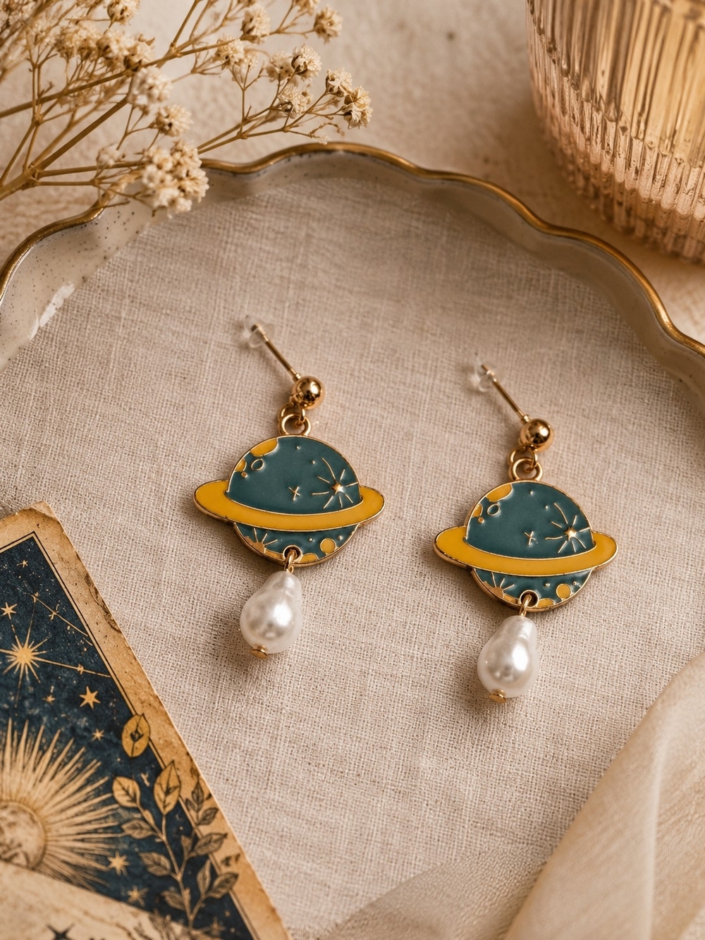 Celestial Saturn Planet Pearl Drop Earrings - New